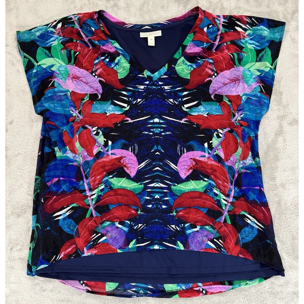Dana Buchman Shirt Womens XL Floral Overlay Stretch V Neck Dolman Cap Sleeve